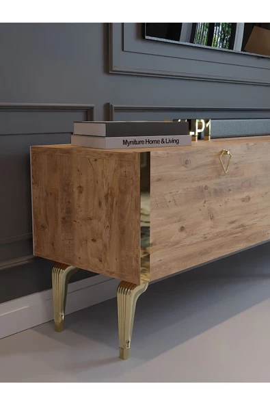 Myniture Home & Living Festival Tv Sehpası G3817-6-Y1-P1 Çam Gold Metal Kulp - Resim 4