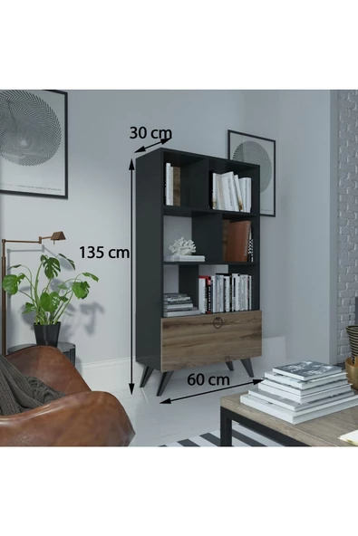 Myniture Home & Living Festival Raflı Kitaplık Dolaplı Kitaplık Antrasit Çırağan - 3