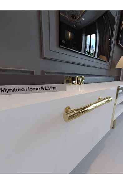 Myniture Home & Living Festival Tv Sehpası G3830-1-Y1-D2 Beyaz Gold Metal Kulp - 4