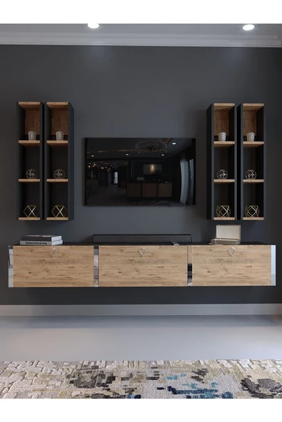 Myniture Home & Living Festival Tv Ünitesi S13002-4-6 Antrasit  A. Çam Silver Duvara Monte tv sehpası - Resim 2