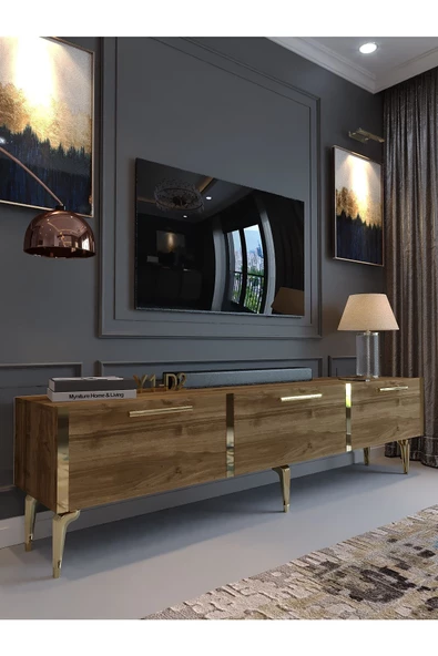 Myniture Home & Living Festival Tv Sehpası G3817-2-Y1-D2 Ceviz Gold Metal Kulp ürün görseli 1