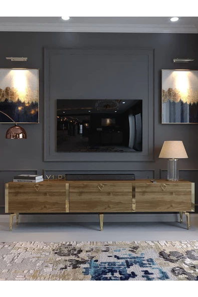 Myniture Home & Living Festival Tv Sehpası G3817-2-Y1-P1 Ceviz Gold Metal Kulp - 2