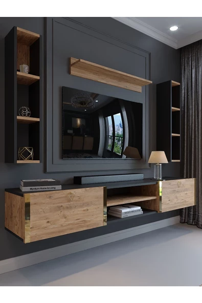 Myniture Home & Living Festival Tv Ünitesi G13009-4-6 Antrasit  A. Çam Gold Duvara Monte tv sehpası