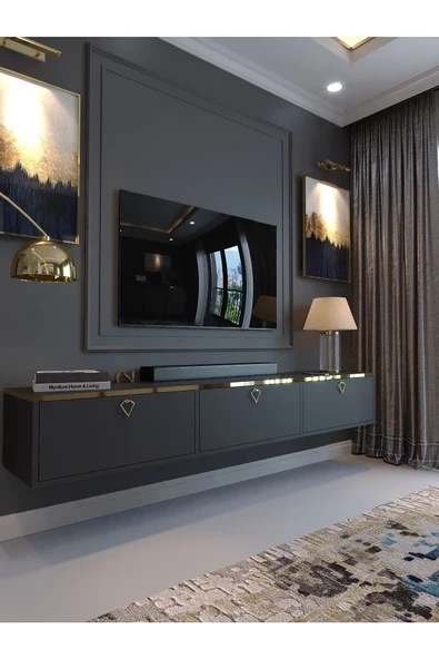Myniture Home & Living Festival Tv Sehpası DV-Q17-GPVC-4 Gold Antrasit Minifiks Bağlantı Duvara Monte Tv Ünitesi