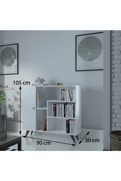 Myniture Home & Living Festival Çok Raflı Dik Dolaplı Kitaplık Modern Ayaklı Kitaplık Beyaz - 2