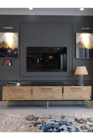 Myniture Home & Living Festival Tv Sehpası G3817-4-6-Y1-D2 Ant. Çam Gold Metal Kulp - Resim 2