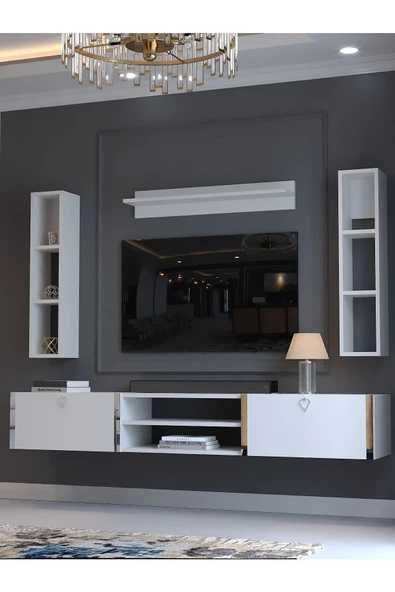 Myniture Home & Living Festival Tv Ünitesi S13009-1 Beyaz Parlak Silver Duvara Monte tv sehpası - Resim 3