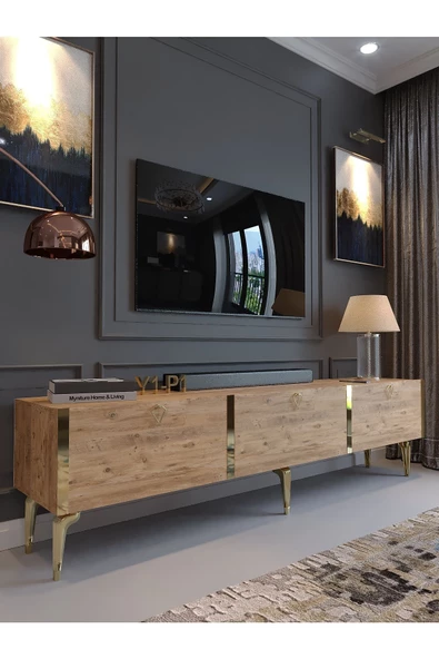 Myniture Home & Living Festival Tv Sehpası G3817-6-Y1-P1 Çam Gold Metal Kulp ürün görseli 1
