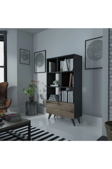 Myniture Home & Living Festival Raflı Kitaplık Dolaplı Kitaplık Antrasit Çırağan - 2