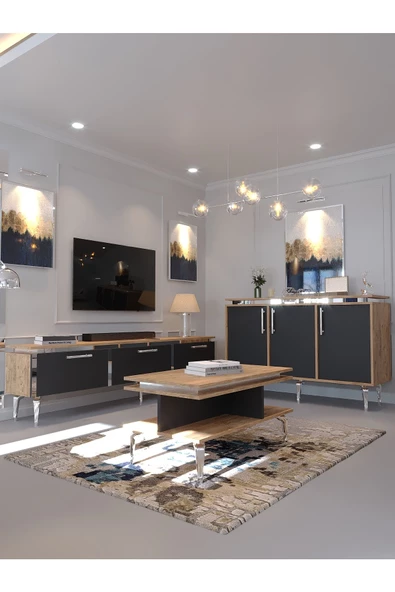 Myniture Home & Living Festival Tv Sehpası - Konsol - Orta Sehpa Ant. Çam Silver S-SET-4-4-6 ürün görseli 1