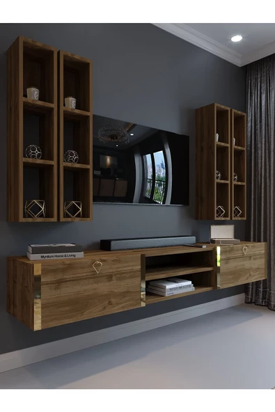 Myniture Home & Living Festival Tv Ünitesi G13002-2 İstanbul Ceviz Gold Duvara Monte tv sehpası ürün görseli 1