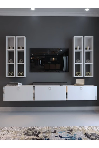 Myniture Home & Living Festival Tv Ünitesi S13002-1 Beyaz Parlak Silver Duvara Monte tv sehpası - Resim 2