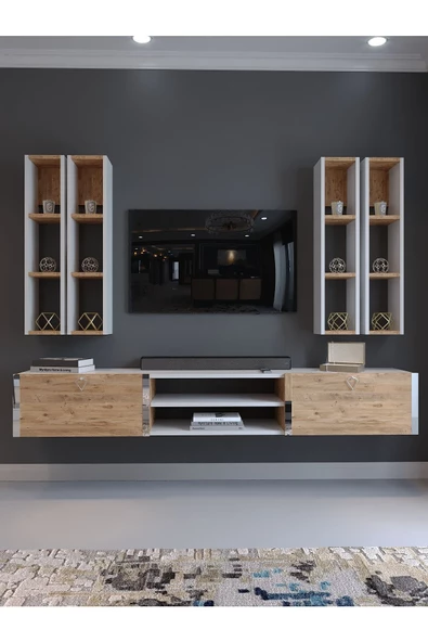 Myniture Home & Living Festival Tv Ünitesi S13001-1-6 Beyaz Atlantik Çam Silver Duvara Monte tv sehpası - 2