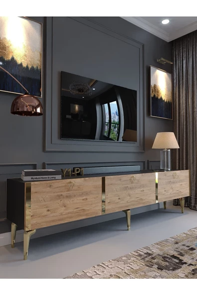 Myniture Home & Living Festival Tv Sehpası G3817-4-6-Y1-P1 Ant. Çam Gold Metal Kulp