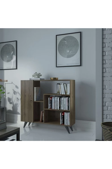 Myniture Home & Living Festival Çok Raflı Dik Dolaplı Kitaplık Modern Ayaklı Kitaplık Ceviz