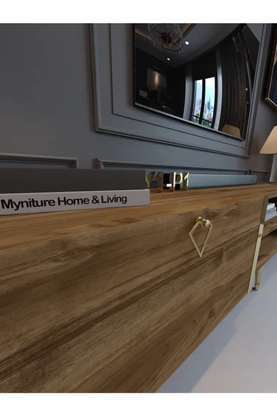 Myniture Home & Living Festival Tv Sehpası G3830-2-Y1-P1 Ceviz Gold Metal Kulp - 4