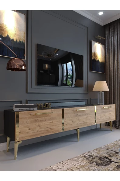 Myniture Home & Living Festival Tv Sehpası G3817-4-6-Y1-D2 Ant. Çam Gold Metal Kulp ürün görseli 1