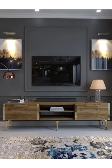 Myniture Home & Living Festival Tv Sehpası G3830-2-Y1-D2 Ceviz Gold Metal Kulp - 2