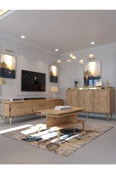 Myniture Home & Living Festival Tv Sehpası - Konsol - Orta Sehpa Çam Gold G-SET-4-6 ürün görseli 1