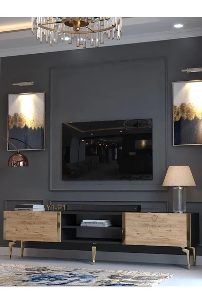 Myniture Home & Living Festival Tv Sehpası G3830-4-6-Y1-P1 Ant. Çam Gold Metal Kulp - Resim 3