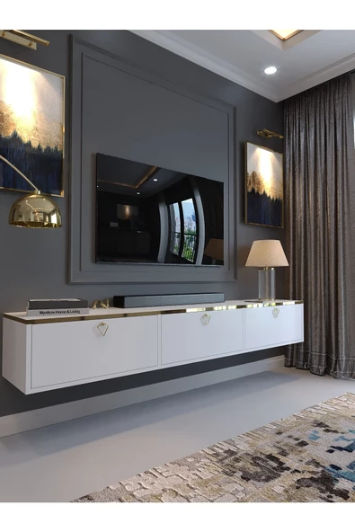 Myniture Home & Living Festival Tv Sehpası DV-Q17-GPVC-1 Gold Beyaz Parlak Minifiks Bağlantı Duvara Monte Tv Ünitesi ürün görseli 1