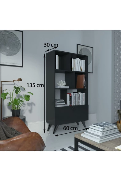 Myniture Home & Living Festival Raflı Kitaplık Dolaplı Kitaplık Antrasit - 3