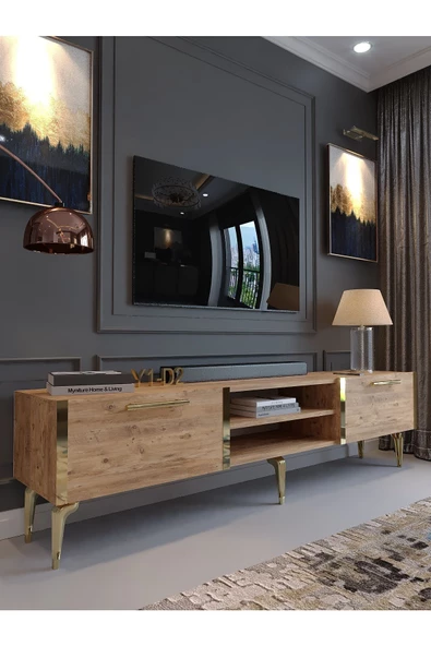 Myniture Home & Living Festival Tv Sehpası G3830-6-Y1-D2 Çam Gold Metal Kulp
