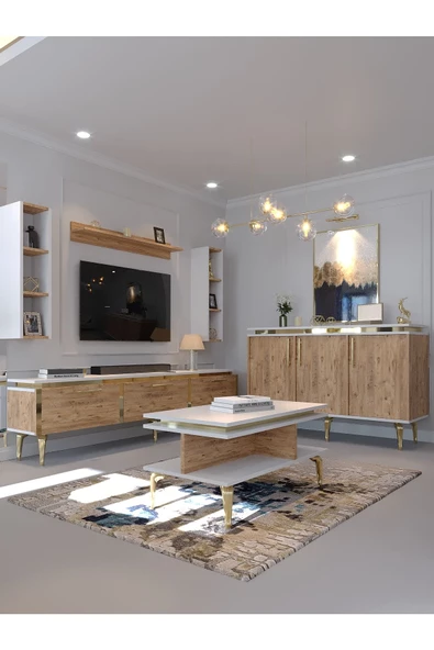 Myniture Home & Living Festival Tv Sehpası - Konsol - Orta Sehpa Beyaz Çam Gold G-SET-5-1-6 ürün görseli 1