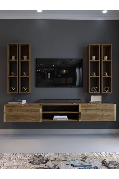Myniture Home & Living Festival Tv Ünitesi G13001-2 İstanbul Ceviz Gold Duvara Monte tv sehpası - Resim 2