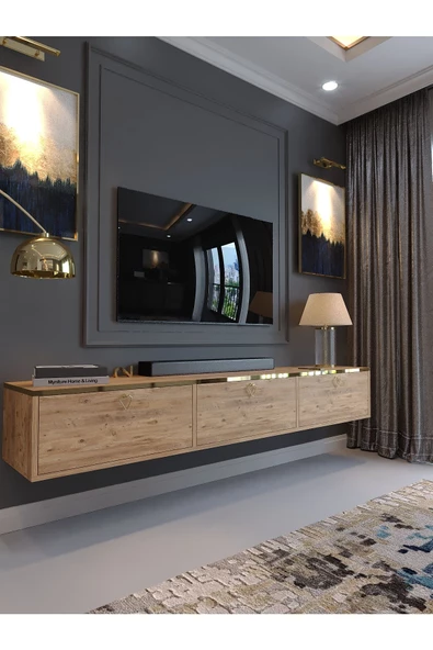Myniture Home & Living Festival Tv Sehpası DV-Q17-GPVC-6 Gold Çam Minifiks Bağlantı Duvara Monte Tv Ünitesi ürün görseli 1