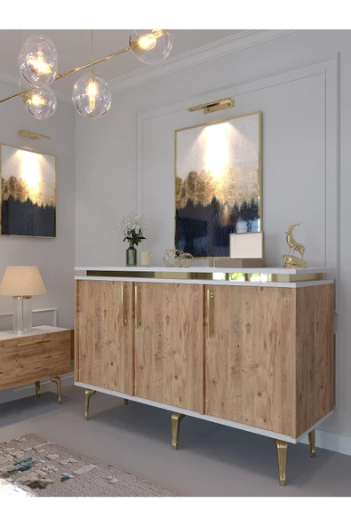 Myniture Home & Living Festival Tv Sehpası - Konsol - Orta Sehpa Beyaz Çam Gold G-SET-3-1-6 - 3