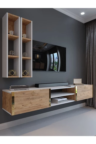 Myniture Home & Living Festival Tv Ünitesi G13000-1-6 Beyaz Atlantik Çam Gold Duvara Monte tv sehpası