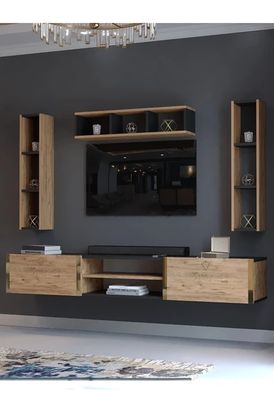 Myniture Home & Living Festival Tv Ünitesi G13006-4-6 Antrasit  A. Çam Gold Duvara Monte tv sehpası - Resim 3