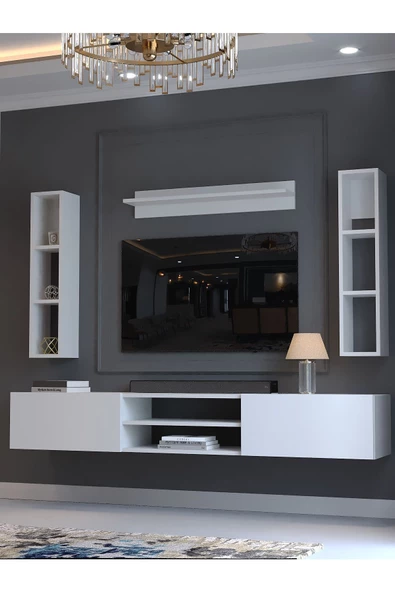 Myniture Home & Living Festival Tv Ünitesi Q13009-1 Beyaz Parlak Duvara Monte tv sehpası - 3