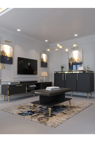 Myniture Home & Living Festival Tv Sehpası - Konsol - Orta Sehpa Antrasit Gold G-SET-2-4