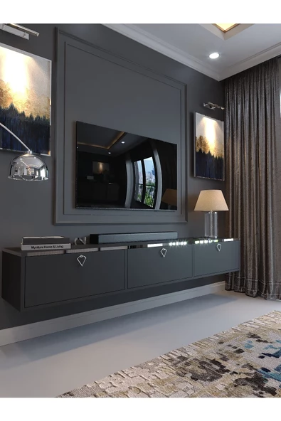 Myniture Home & Living Festival Tv Sehpası DV-Q17-SPVC-4 Silver Antrasit Minifiks Bağlantı Duvara Monte Tv Ünitesi - 1