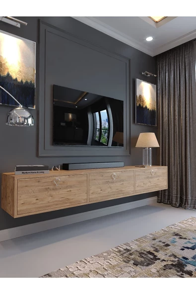 Myniture Home & Living Festival Tv Sehpası DV-1001-P1-6 Silver Kulp Çam Minifiks Bağlantı Duvara Monte Tv Ünitesi ürün görseli 1