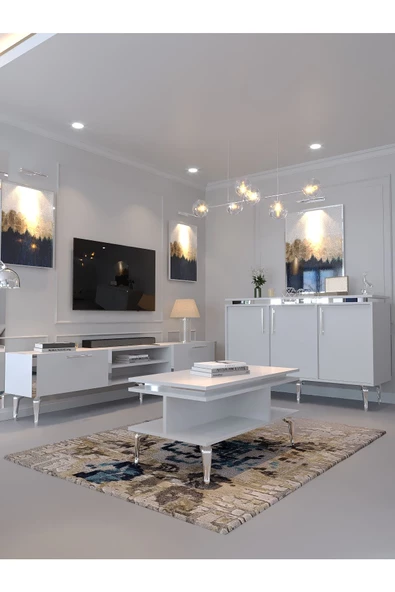 Myniture Home & Living Festival Tv Sehpası - Konsol - Orta Sehpa Beyaz Silver S-SET-2-1