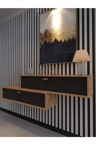 Myniture Home & Living Lüks Dresuar İkili Çam Antrasit - Gold Kulp