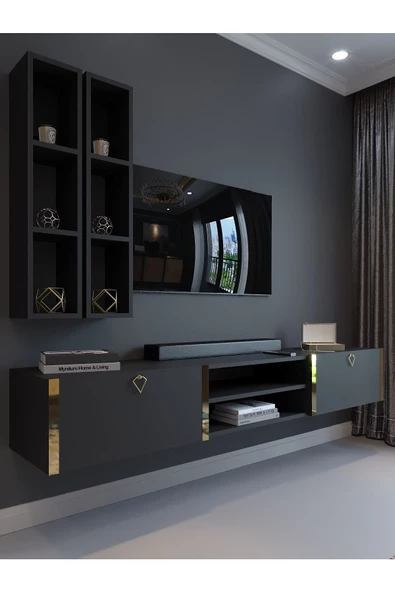 Myniture Home & Living Festival Tv Ünitesi G13000-4 Antrasit Gold Duvara Monte tv sehpası