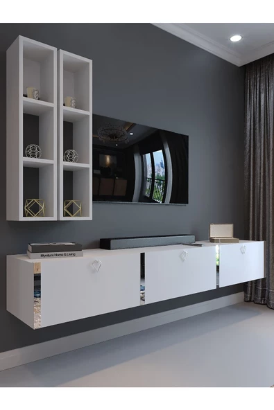 Myniture Home & Living Festival Tv Ünitesi S13003-1 Beyaz Parlak Silver Duvara Monte tv sehpası