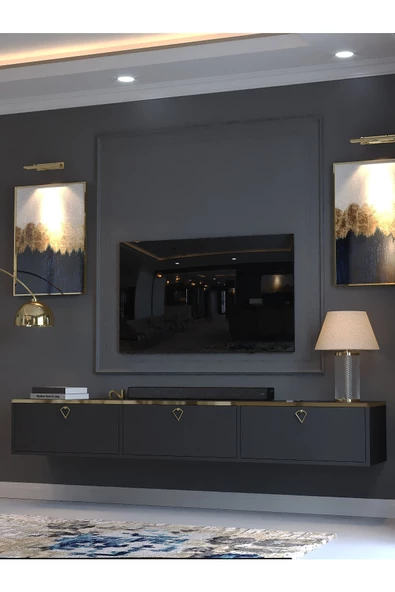 Myniture Home & Living Festival Tv Sehpası DV-Q17-GPVC-4 Gold Antrasit Minifiks Bağlantı Duvara Monte Tv Ünitesi - 3