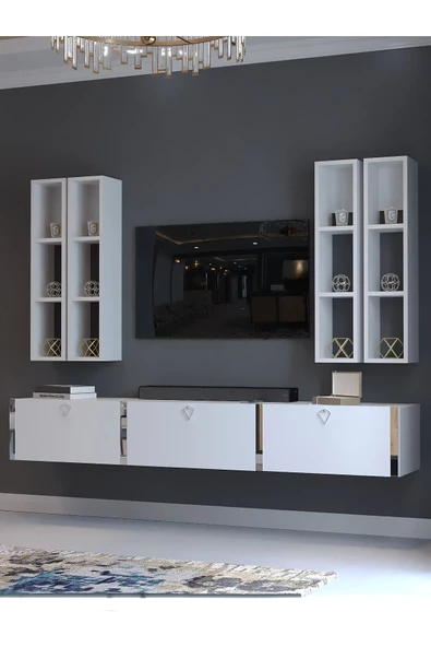 Myniture Home & Living Festival Tv Ünitesi S13002-1 Beyaz Parlak Silver Duvara Monte tv sehpası - Resim 3
