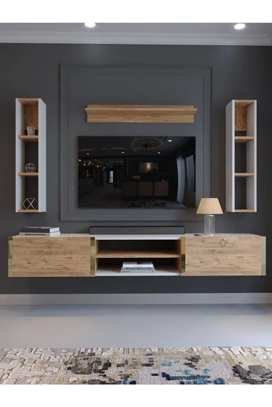 Myniture Home & Living Festival Tv Ünitesi G13009-1-6 Beyaz Atlantik Çam Gold Duvara Monte tv sehpası - Resim 2