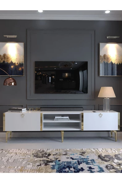 Myniture Home & Living Festival Tv Sehpası G3830-1-Y1-P1 Beyaz Gold Metal Kulp - 2