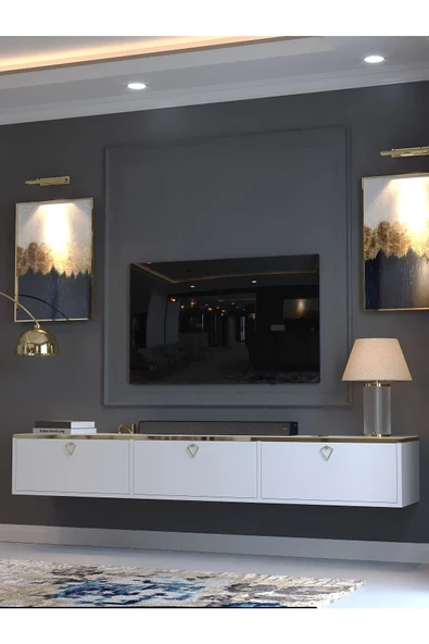 Myniture Home & Living Festival Tv Sehpası DV-Q17-GPVC-1 Gold Beyaz Parlak Minifiks Bağlantı Duvara Monte Tv Ünitesi - Resim 3