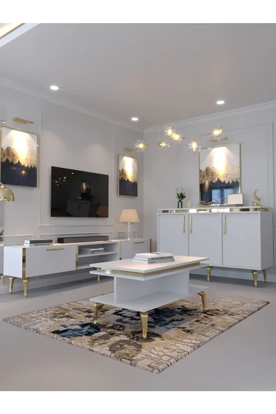 Myniture Home & Living Festival Tv Sehpası - Konsol - Orta Sehpa Beyaz Gold G-SET-2-1