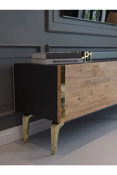 Myniture Home & Living Festival Tv Sehpası G3817-4-6-Y1-P1 Ant. Çam Gold Metal Kulp - 4