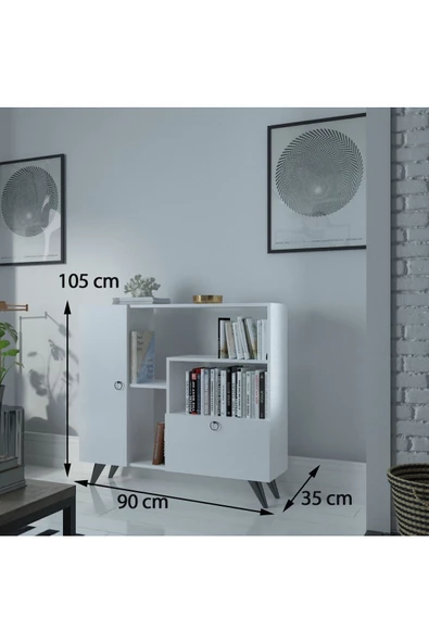 Myniture Home & Living Festival Çok Raflı 2 Dolaplı Kitaplık Modern Ayaklı Kitaplık Beyaz - 2