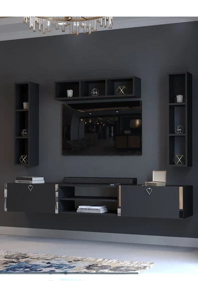 Myniture Home & Living Festival Tv Ünitesi S13006-4 Antrasit Silver Duvara Monte tv sehpası - Resim 3